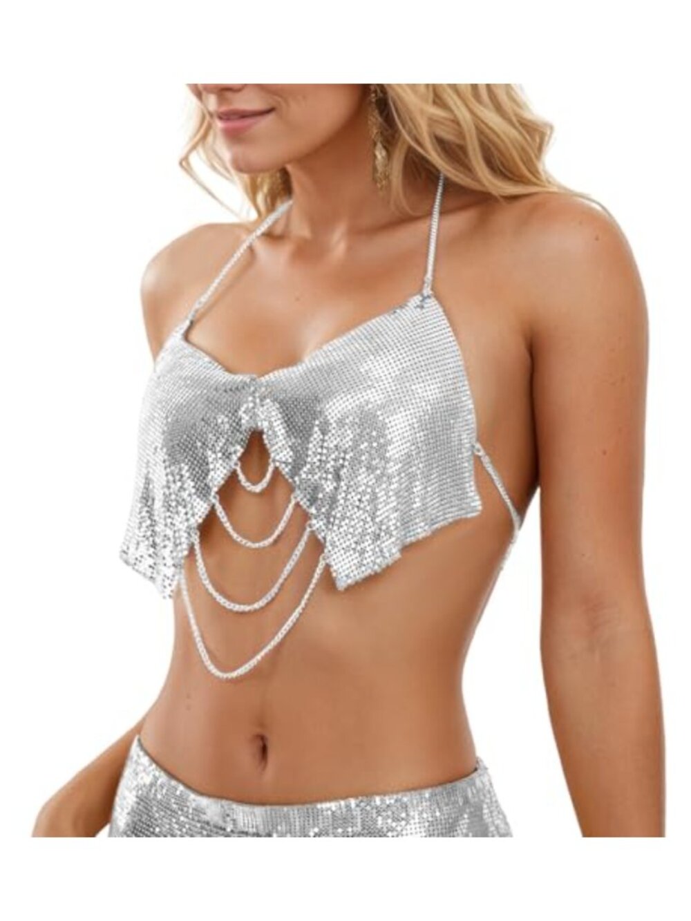 Metallic Sequin Halter Backless Crop Tank with Chest Chain & Sticky Bra Set -